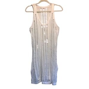 Boho Crochet Knit Cover-Up Dress Womens XL White V-Neck Festival See Through